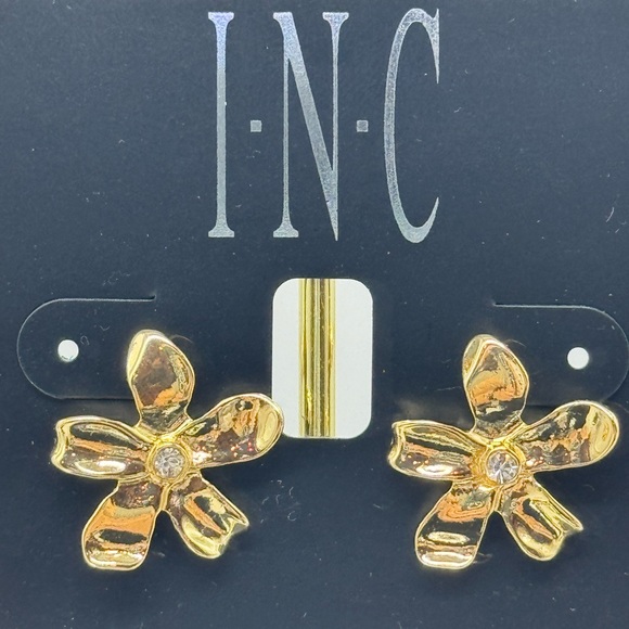 INC Gold Tone Flower with Crystal Post Earrings - Picture 12 of 12